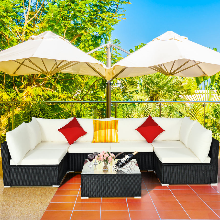 7PCS Patio Rattan Furniture Set Sectional Sofa Cushioned Glass Table Steel Frame Image 1