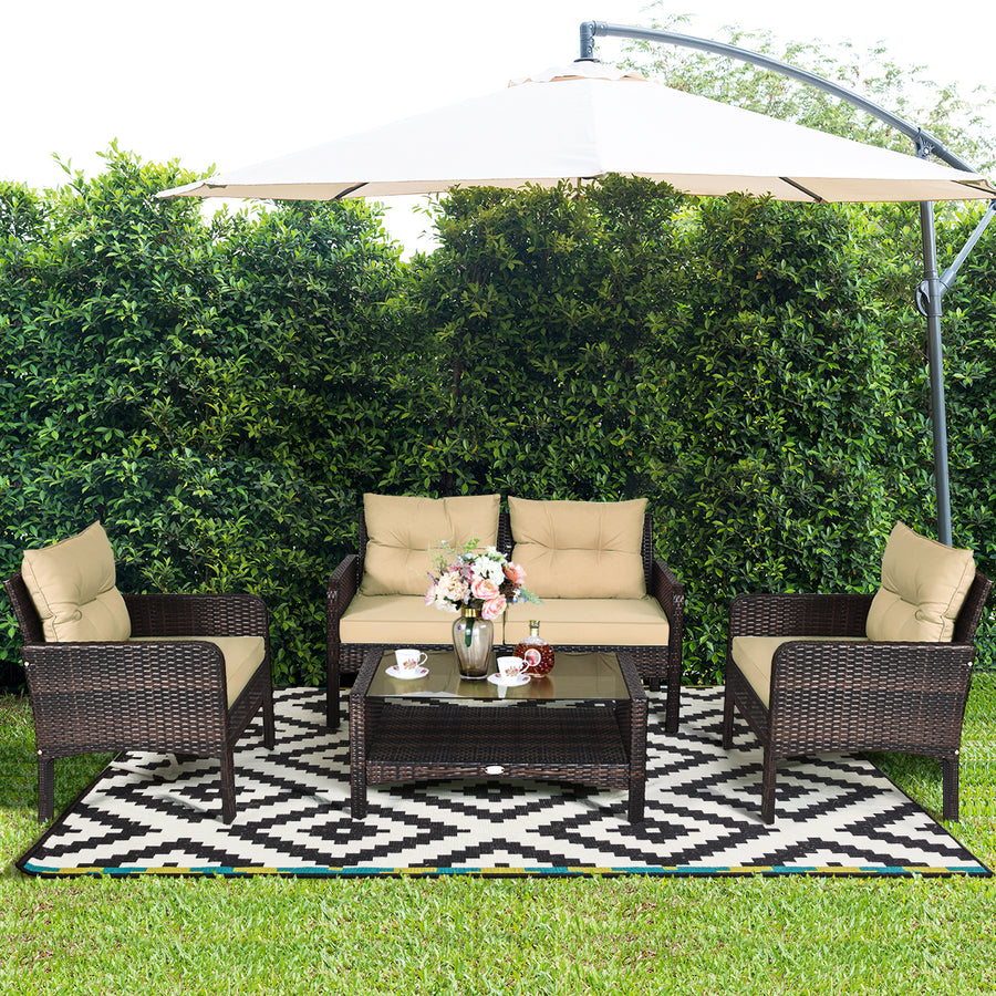 4PCS Patio Rattan Furniture Set Loveseat Sofa Coffee Table Garden W/ Cushion Image 1