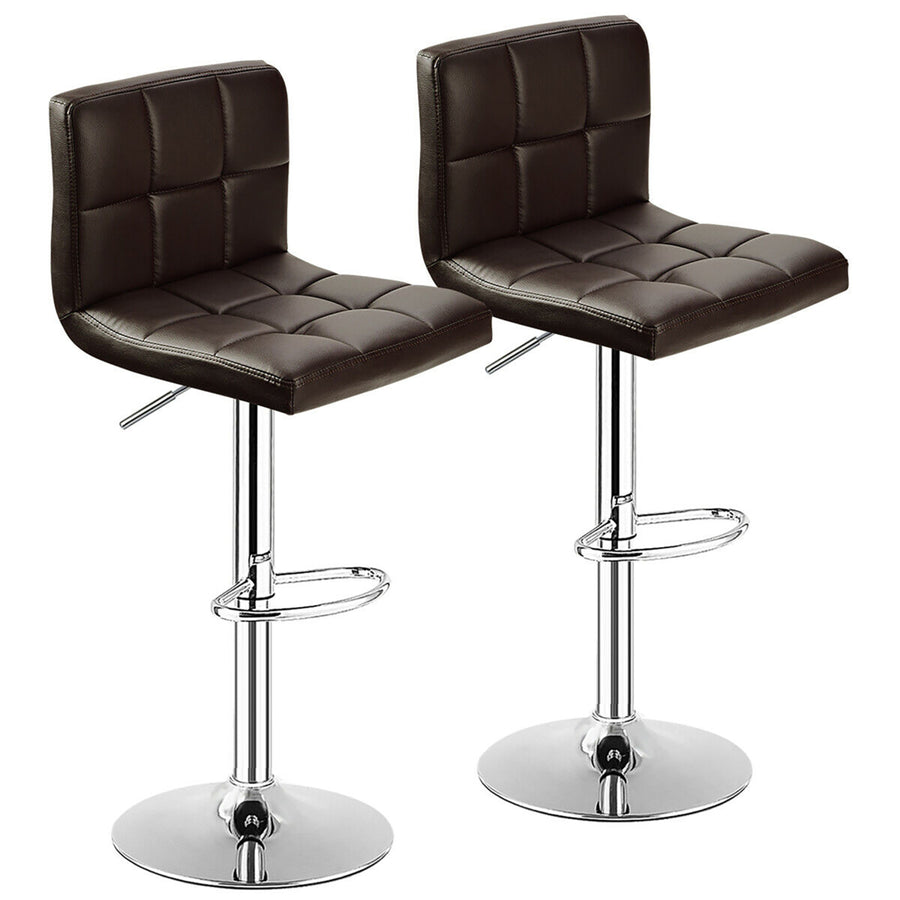 Set of 2 Bar Stools Adjustable PU Leather Swivel Kitchen Counter Bar Chair Brown Image 1