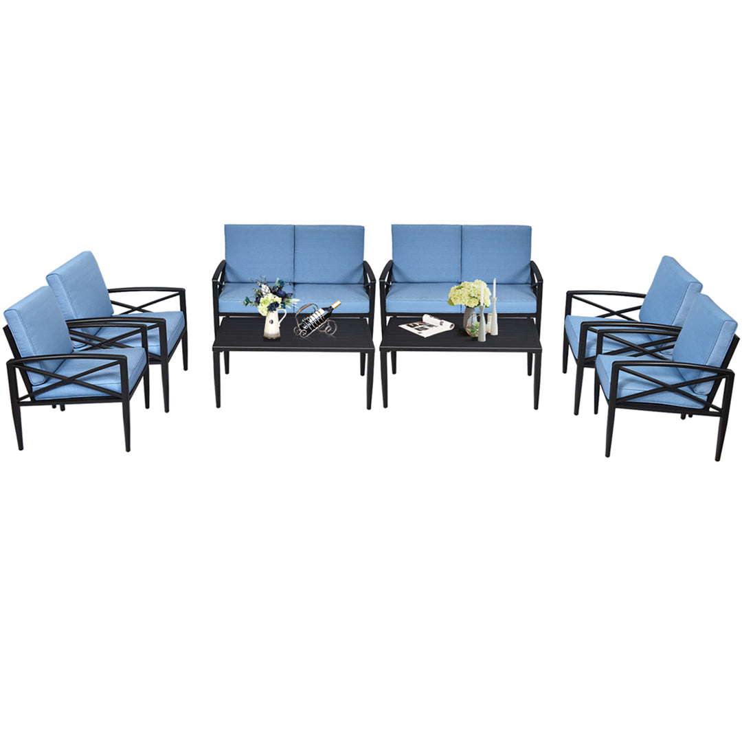 Costway 8PCS Patio Furniture Set Aluminum Frame Cushioned Sofa Chair Coffee Table Blue Image 1