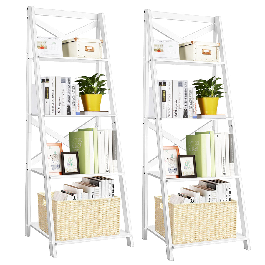 Set of 2 Ladder Shelf 4-Tier Bookshelf Bookcase Storage Display Plant Leaning Image 1