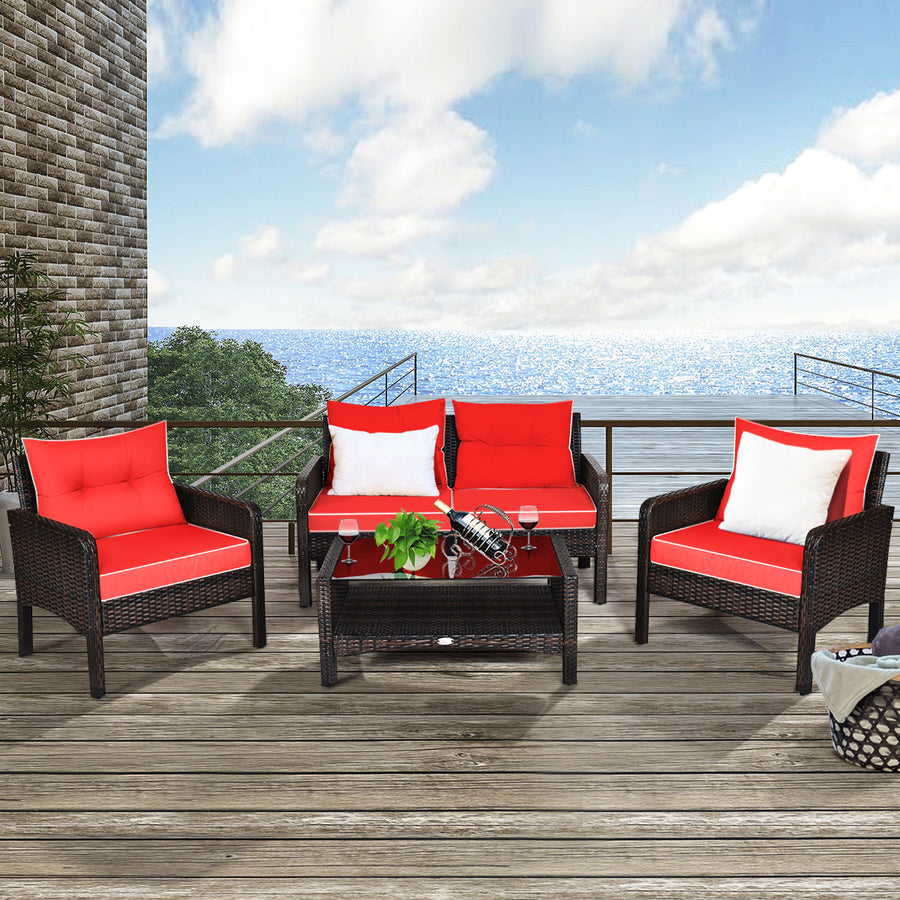 4PCS Patio Rattan Furniture Set Loveseat Sofa Coffee Table Garden W/Red Cushion Image 1