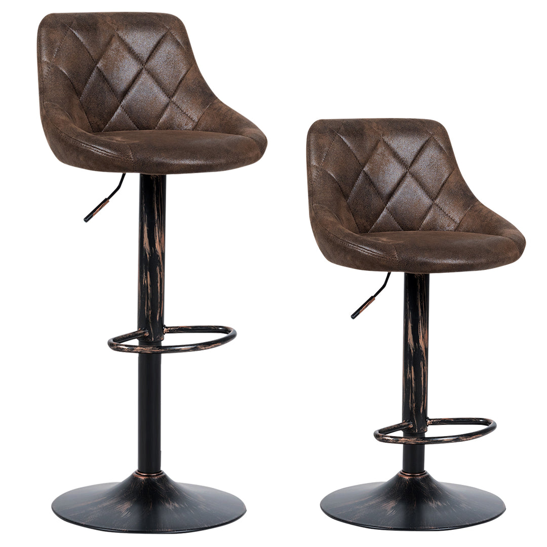 Set of 2 Adjustable Bar Stools Swivel Bar Chairs Hot-stamping Cloth Retro Brown Low Back Image 1