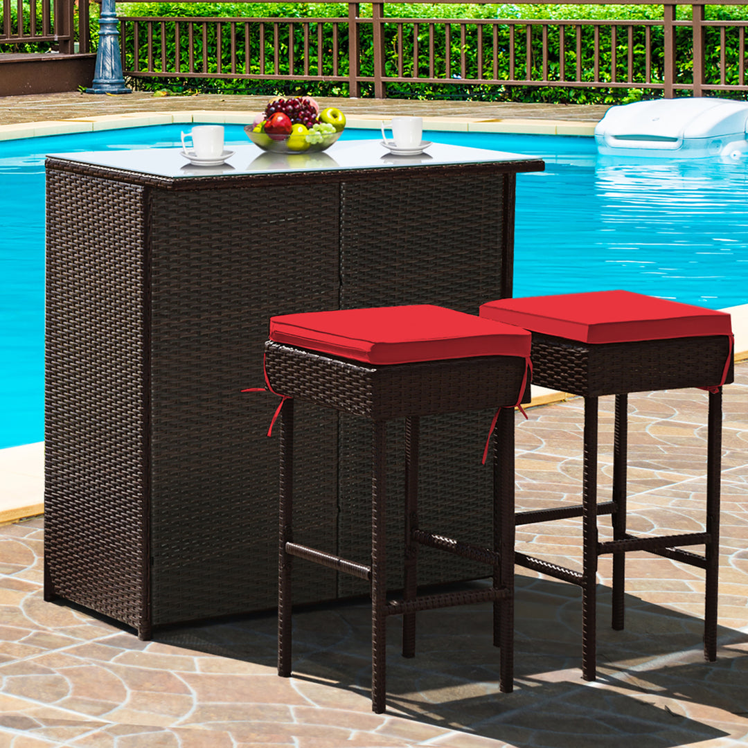 3PCS Patio Rattan Wicker Bar Table Stools Dining Set Cushioned Chairs Garden Red Image 1