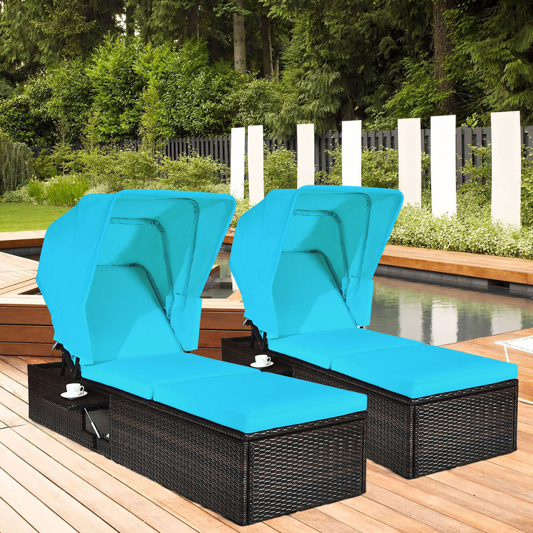 2PCS Patio Rattan Lounge Chair Chaise Cushioned Top Canopy Adjustable Turquoise Image 1