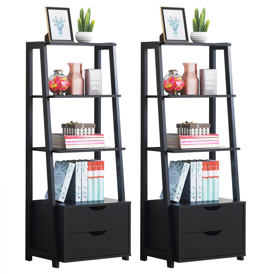 Set of 2 Ladder Shelf 4-Tier Bookshelf Bookcase Storage Leaning With 2 Drawers Image 1