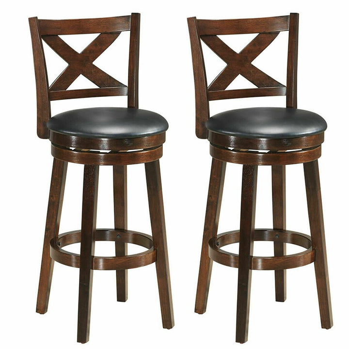 Set of 2 Swivel Stool 29 Bar Height X-Back Upholstered Dining Chair Rubber Wood Espresso Image 1