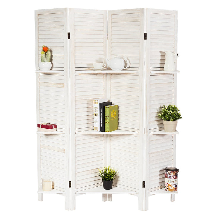 Costway 4 Panel Folding Room Divider Screen W/3 Display Shelves 5.6 Ft Tall WhiteNatural Image 1