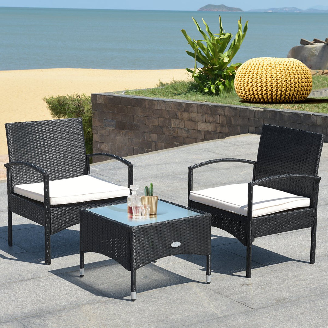 3 PCS Furniture Set Table and 2 Chair Patio Wicker Rattan W/Cushion Image 1