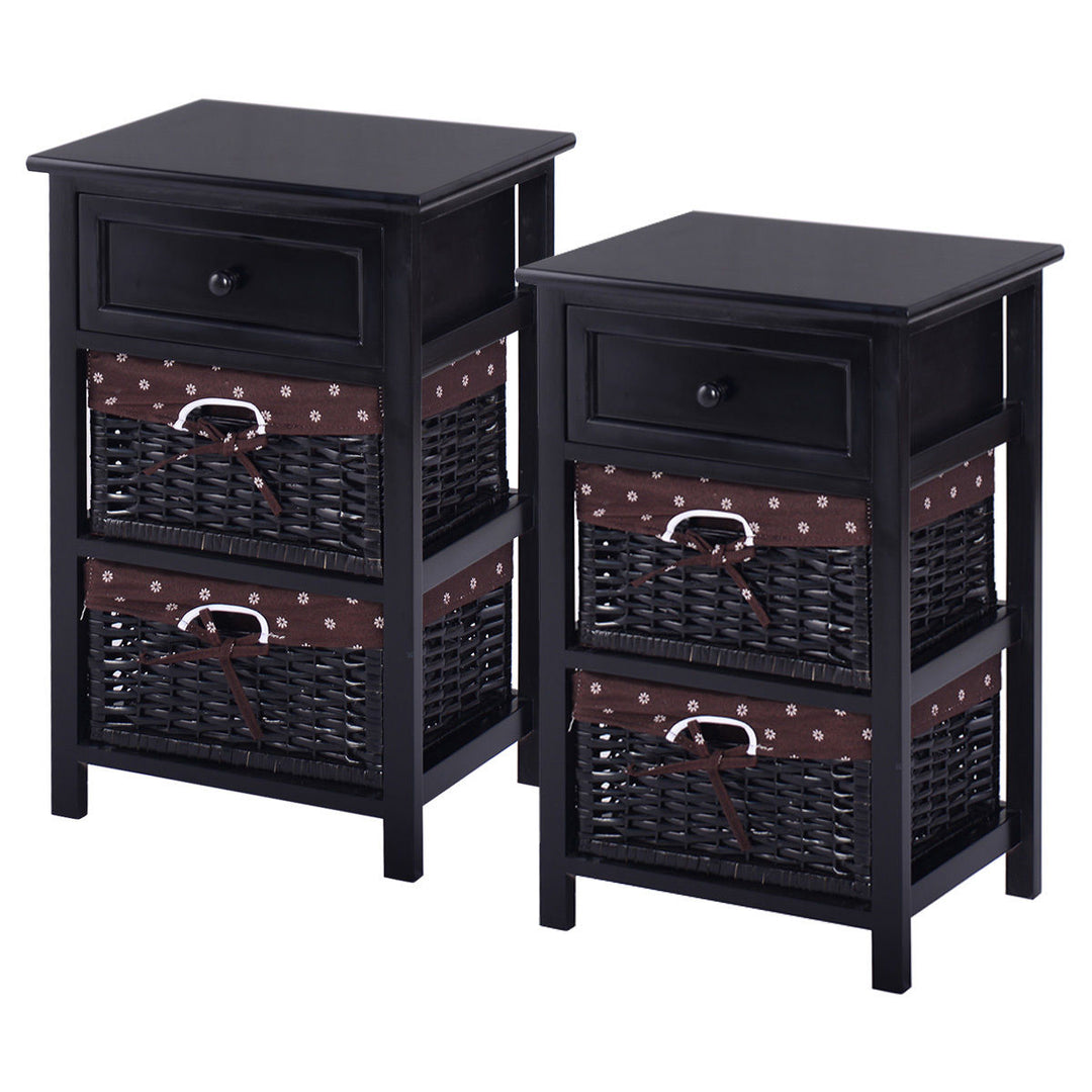 Set OF 2 Night Stand 3 Tier 1 Drawer Bedside End Table Organizer Wood W/2 Basket Image 1