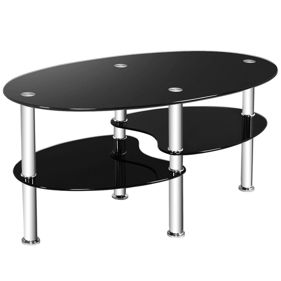 Tempered Glass Oval Side Coffee Table Shelf Chrome Base Living Room Black Image 1