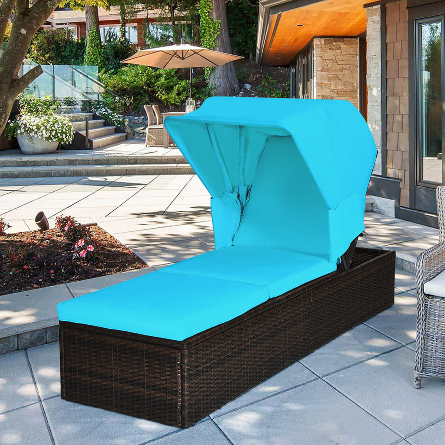 Patio Rattan Lounge Chair Chaise Cushioned Top Canopy Adjustable Turquoise Image 1