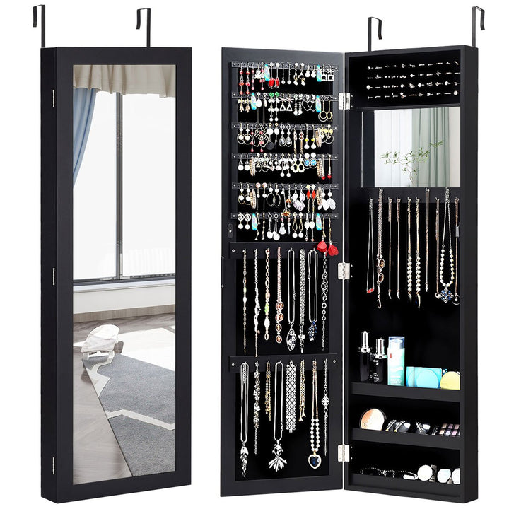 Wall Door Mounted Mirrored Jewelry Cabinet Storage Organizer-Black Image 1