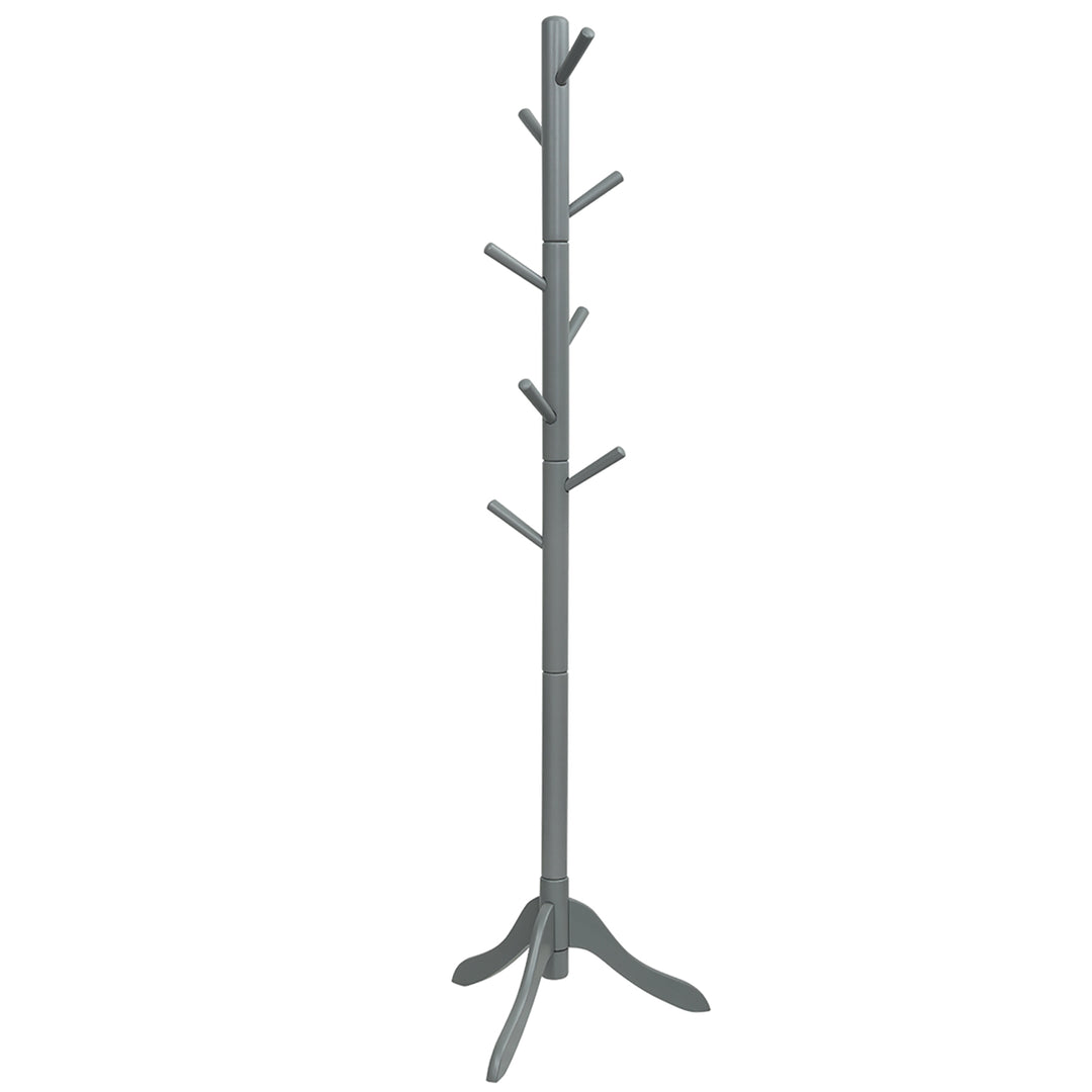 Costway Wooden Coat Rack Stand Entryway Hall Tree 2 Adjustable Height w/ 8 Hooks Gray\Brown Image 4