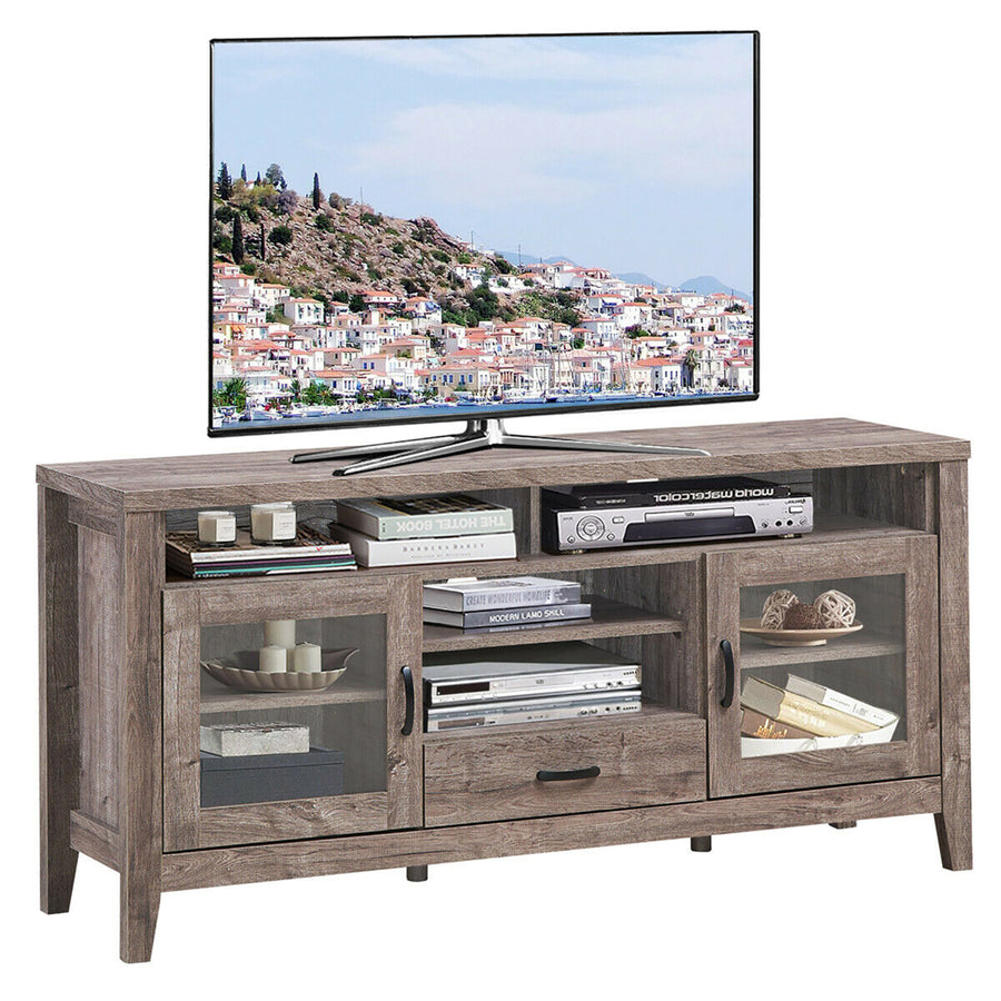 TV Stand Tall Entertainment Center Hold up to 65 TV w/ Glass Storage and Drawer Image 1