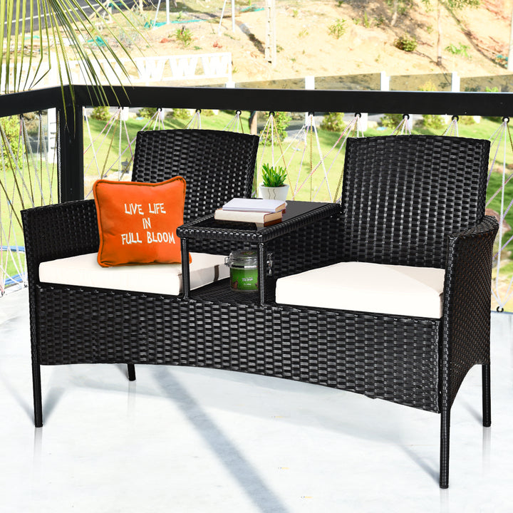 Patio Rattan Conversation Set Seat Sofa Cushioned Loveseat Glass Table Chairs Image 1