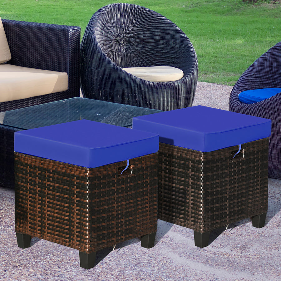 2PCS Patio Rattan Ottoman Cushioned Seat Foot Rest Coffee Table Furniture Garden Navy Image 1