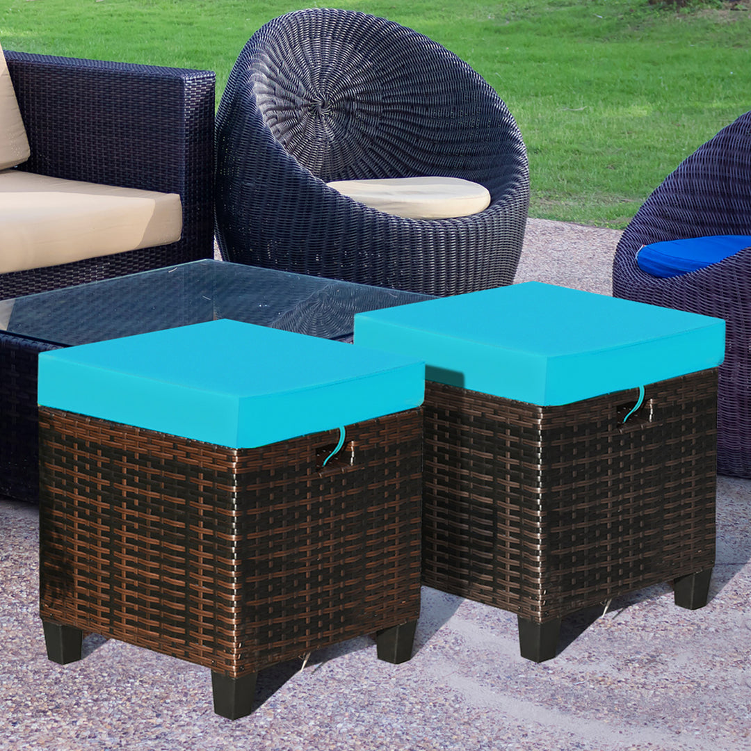 2PCS Patio Rattan Ottoman Cushioned Seat w/ Foot Rest Turquoise Image 1