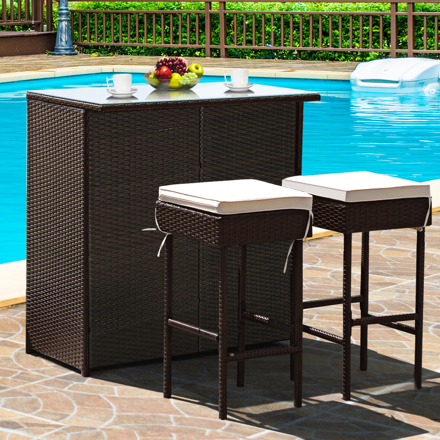 Costway 3PCS Patio Rattan Wicker Bar Table Stools Dining Set Cushioned Chairs Garden Image 1