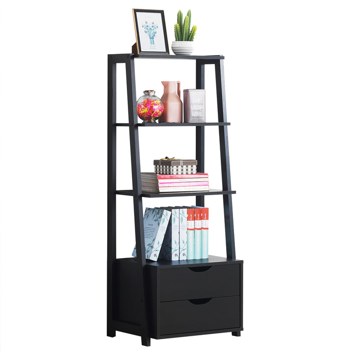 4-Tier Ladder Shelf Bookshelf Bookcase Storage Display Leaning With 2 Drawers Image 1