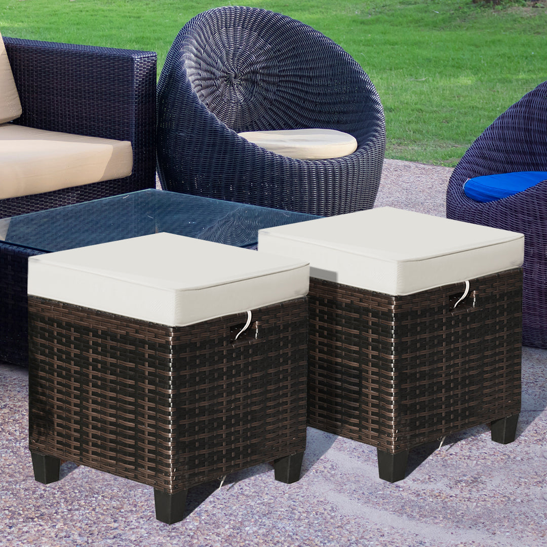 2PCS Patio Rattan Ottoman Cushioned Seat Foot Rest Coffee Table Image 1