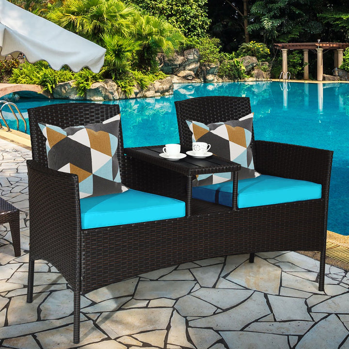 Patio Rattan Conversation Set Loveseat Sofa Cushioned Coffee Table Turquois\Red Image 1