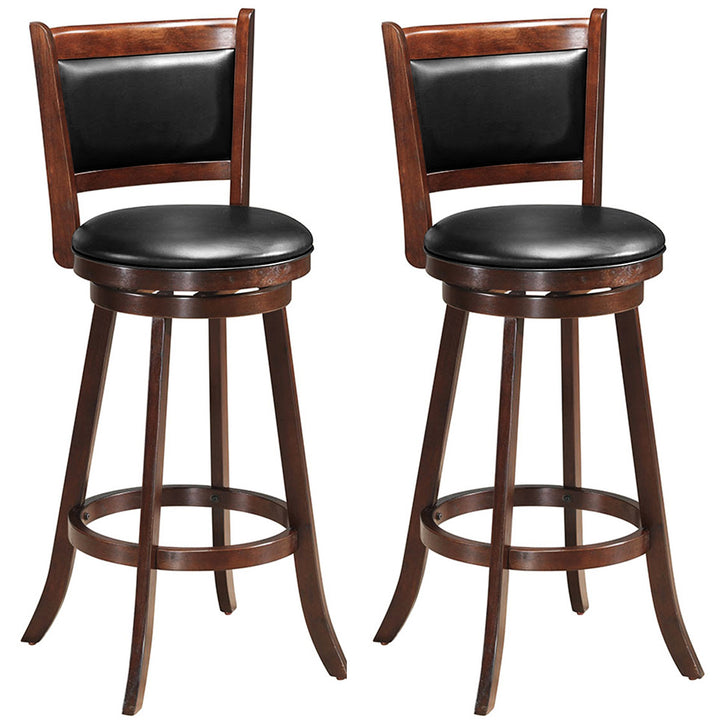 Set of 2 29 Swivel Bar Height Stool Wood Dining Chair Upholstered Seat Panel Back Espresso Image 1