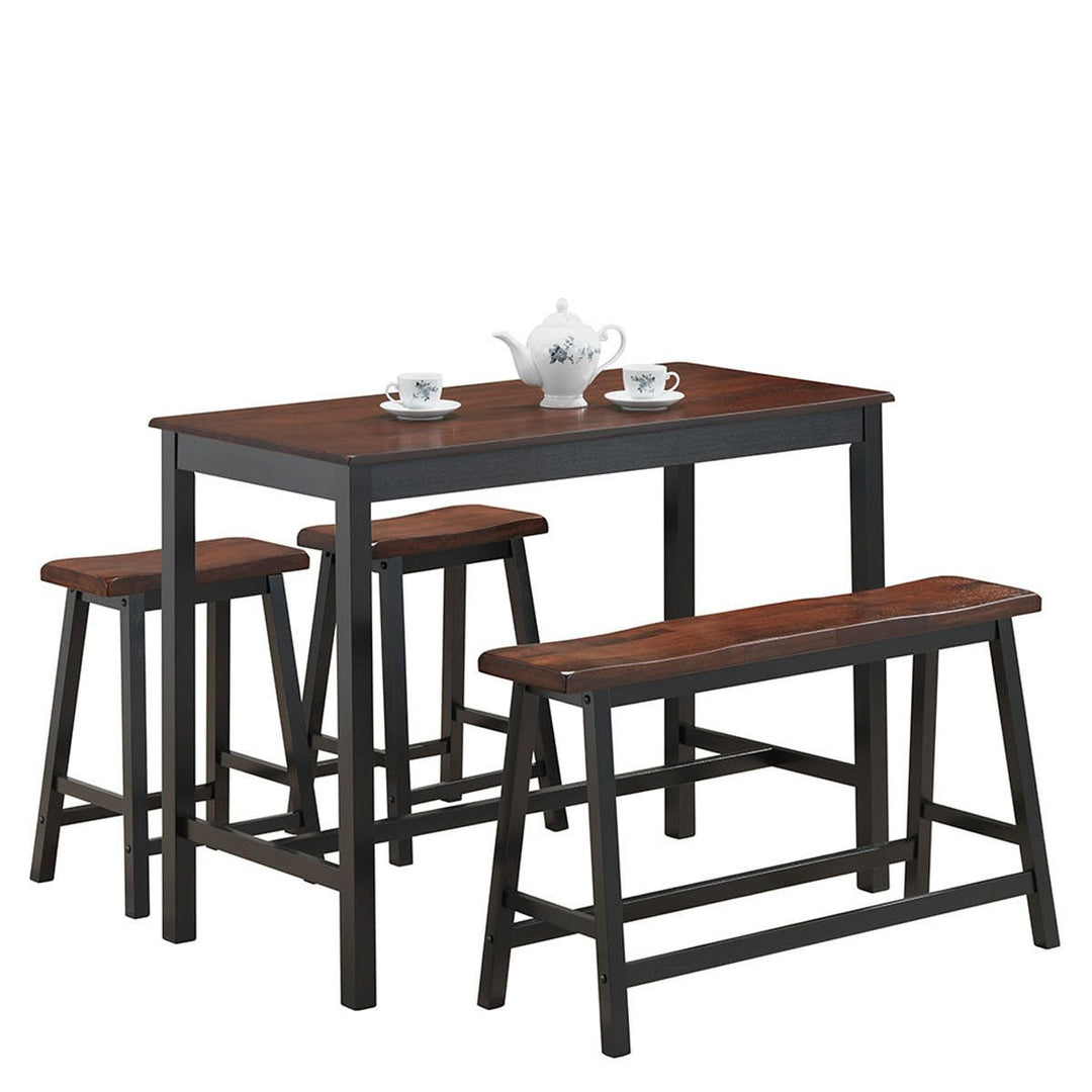 4 Pcs Solid Wood Counter Height Table Set w/ Height Bench and Two Saddle Stools Brown Image 1