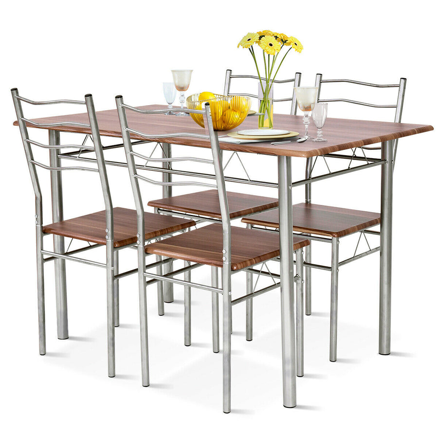 5 Piece Dining Table Set Wood Metal Kitchen Breakfast Furniture w/4 Chair Walnut Image 1