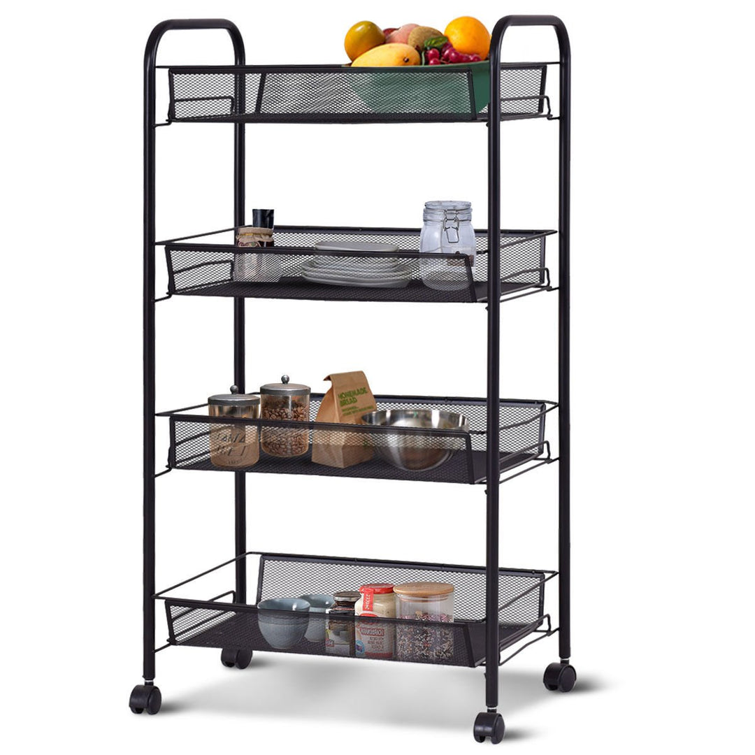 4 Tier Storage Rack Trolley Cart Home Kitchen Organizer Utility Baskets Black Image 6