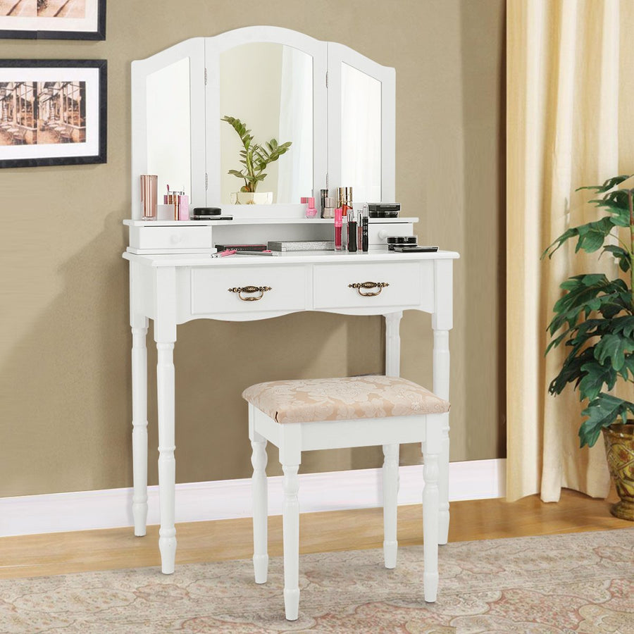 White Tri Folding Vanity Makeup Table Stool W/4 Drawers Image 1