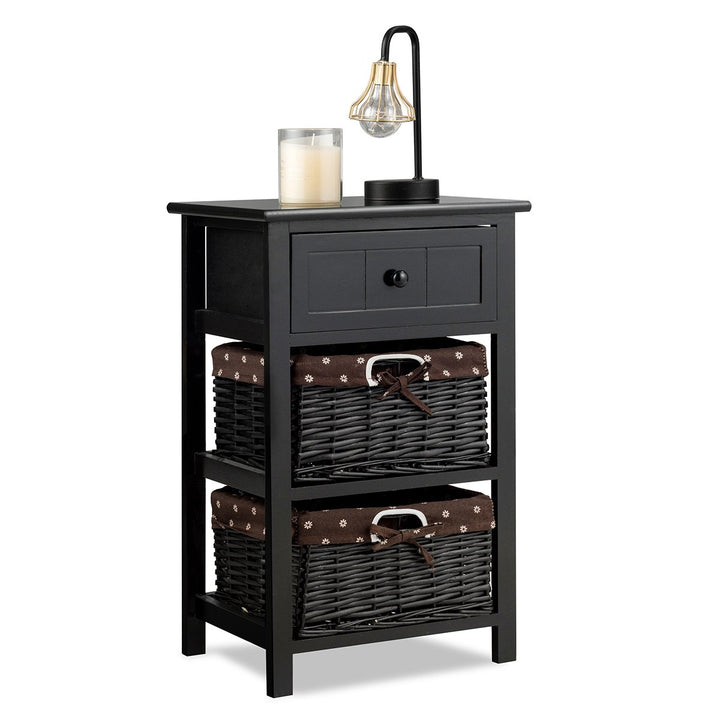 Night Stand 3 Layer 1 Drawer Bedside End Table Organizer Wood W/2 Basket Black Image 1