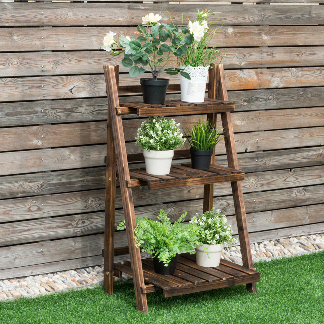 3 Tier Outdoor Wood Design Flower Pot Shelf Stand Folding Display Rack Garden Image 1