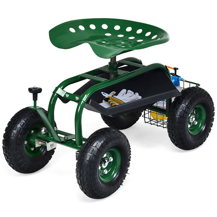 Garden Cart Rolling Work Seat w/ Tool Tray Basket Green Image 1