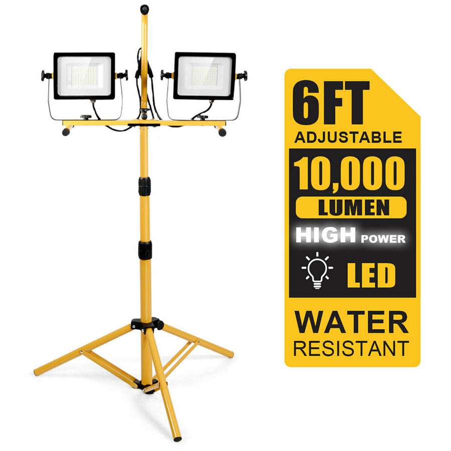 100W 10,000lm LED Dual-Head Work Light w/Adjustable Tripod Stand IP65 Waterproof Image 1