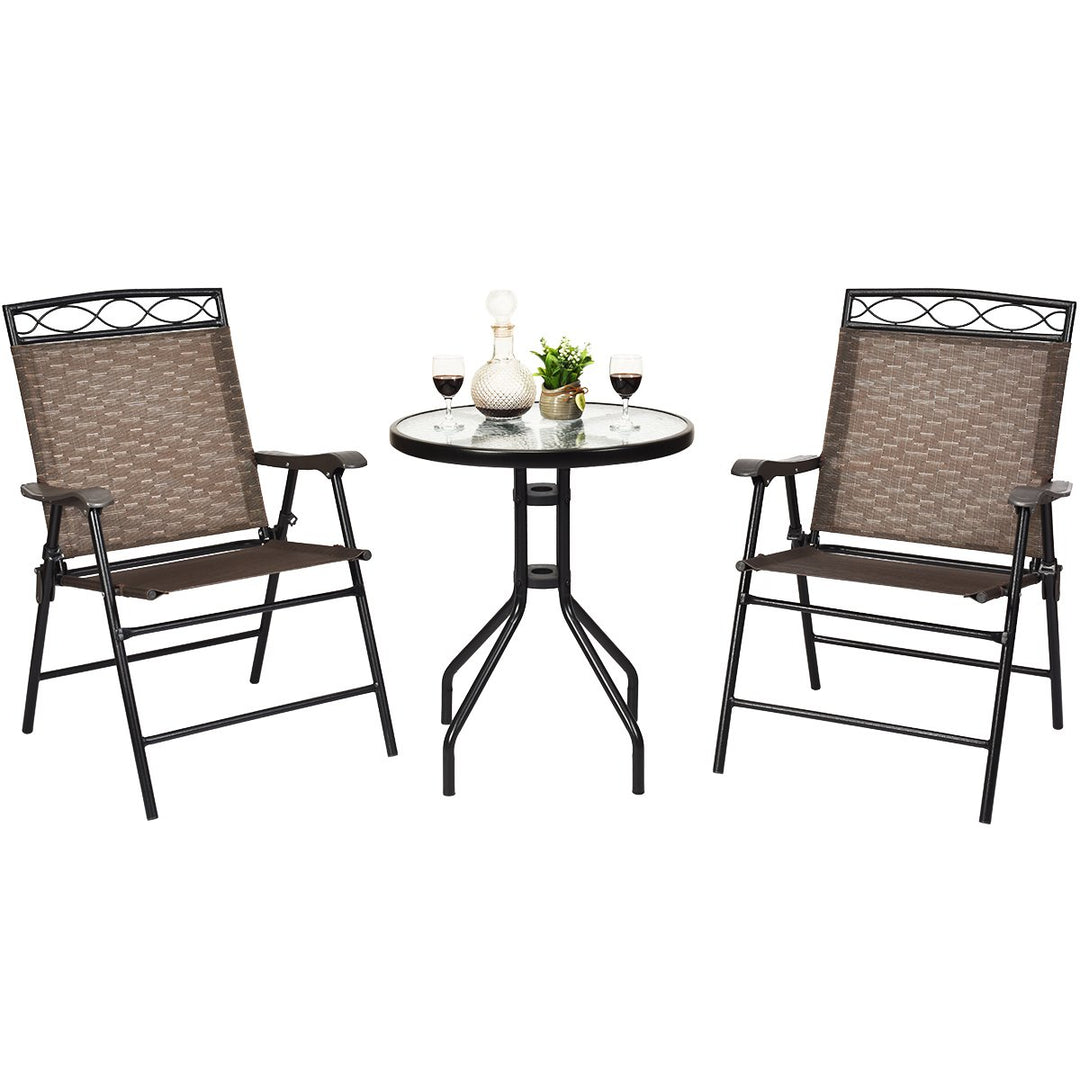 3 PCS Bistro Conversation Patio Pub Dining Set W/ 2 Folding Chairs and Glass Table Image 1