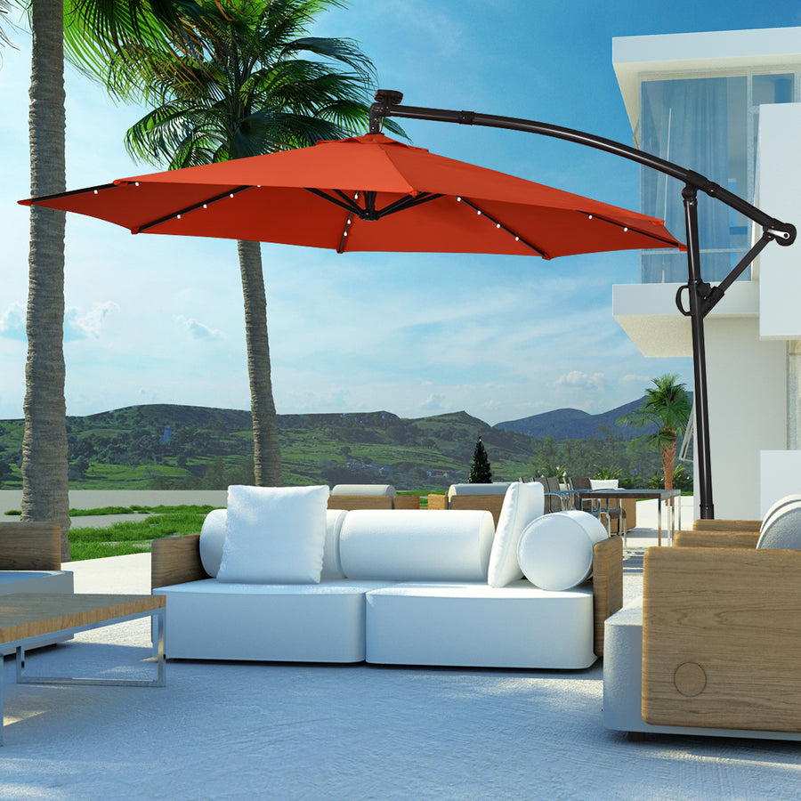 10FT Patio Offset Umbrella Solar LED 360degrees Rotation Orange Image 1