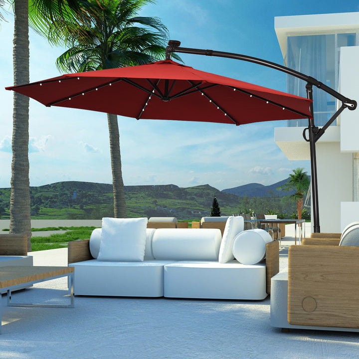 10FT Patio Offset Umbrella Solar LED 360degrees Rotation Burgundy Image 1