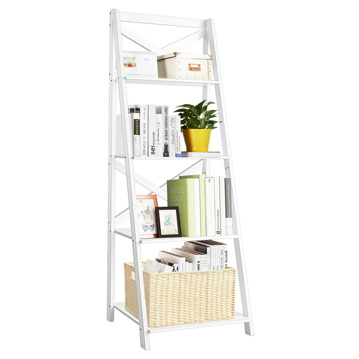 4-Tier Ladder Shelf Bookshelf Bookcase Storage Display Plant Leaning Shelf White Image 1