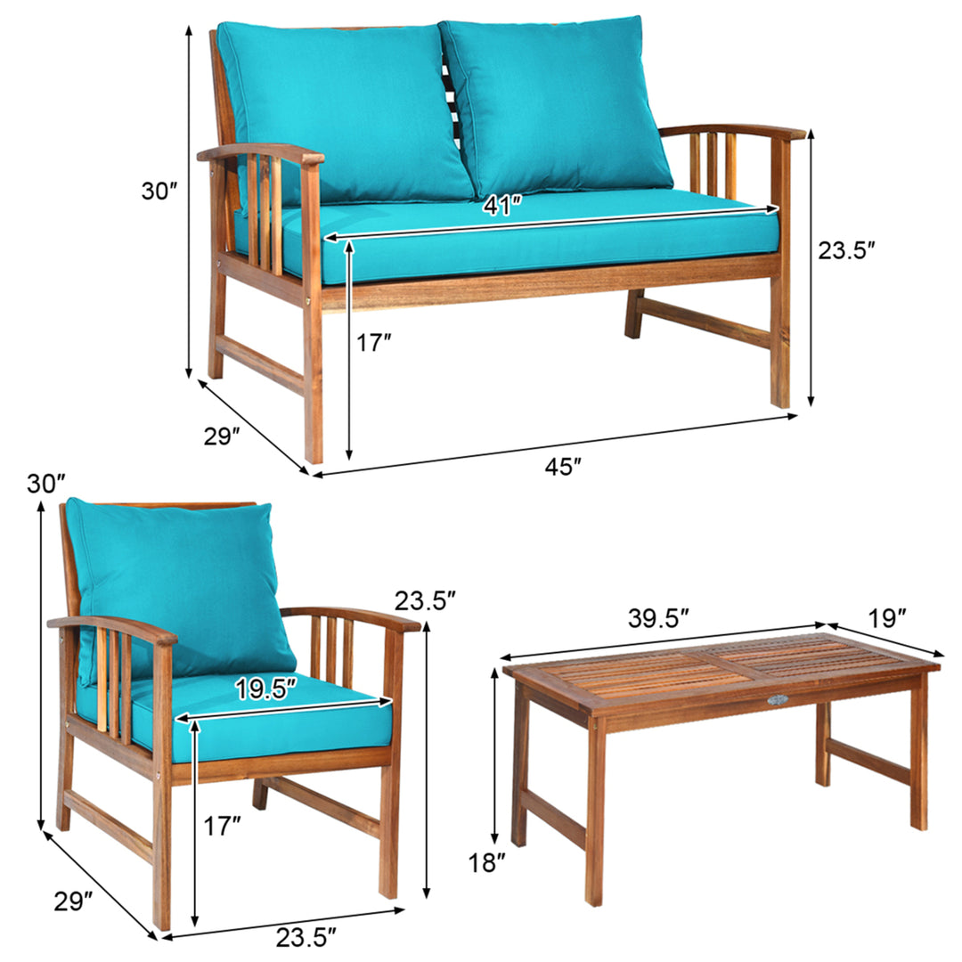 4pcs Wooden Patio Furniture Set Table and Sectional Sofa w/ Turquoise Cushion Image 3