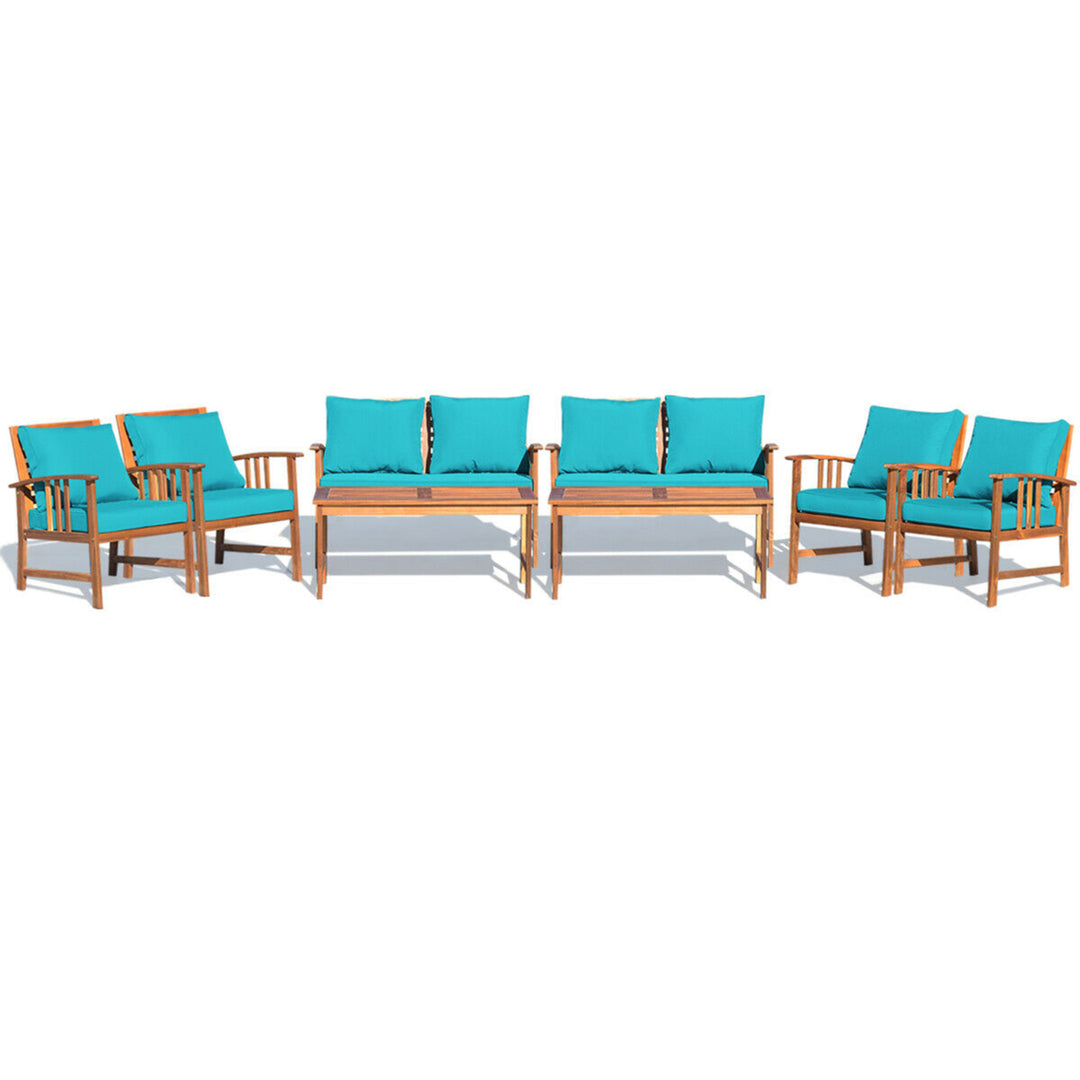 8pcs Wooden Patio Furniture Set Table and Sectional Sofa w/ Turquoise Cushion Image 1