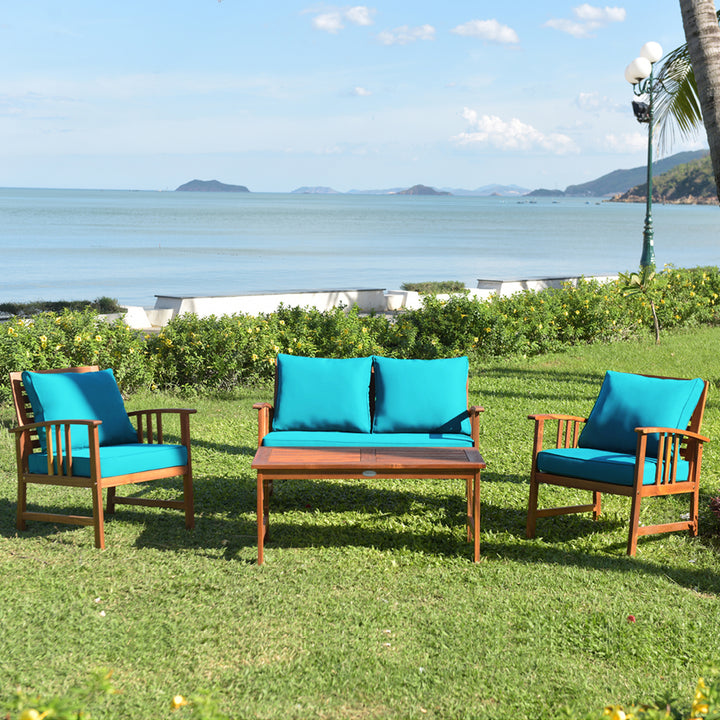 4pcs Wooden Patio Furniture Set Table and Sectional Sofa w/ Turquoise Cushion Image 4