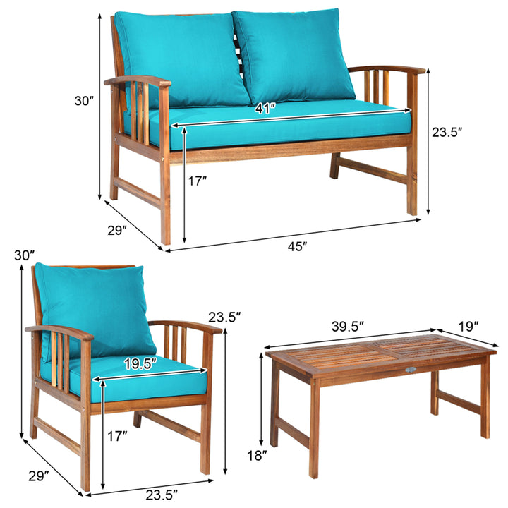 8pcs Wooden Patio Furniture Set Table and Sectional Sofa w/ Turquoise Cushion Image 3