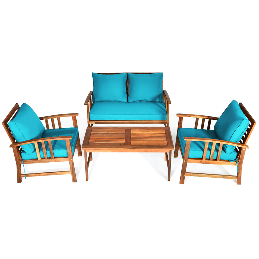 4pcs Wooden Patio Furniture Set Table and Sectional Sofa w/ Turquoise Cushion Image 2