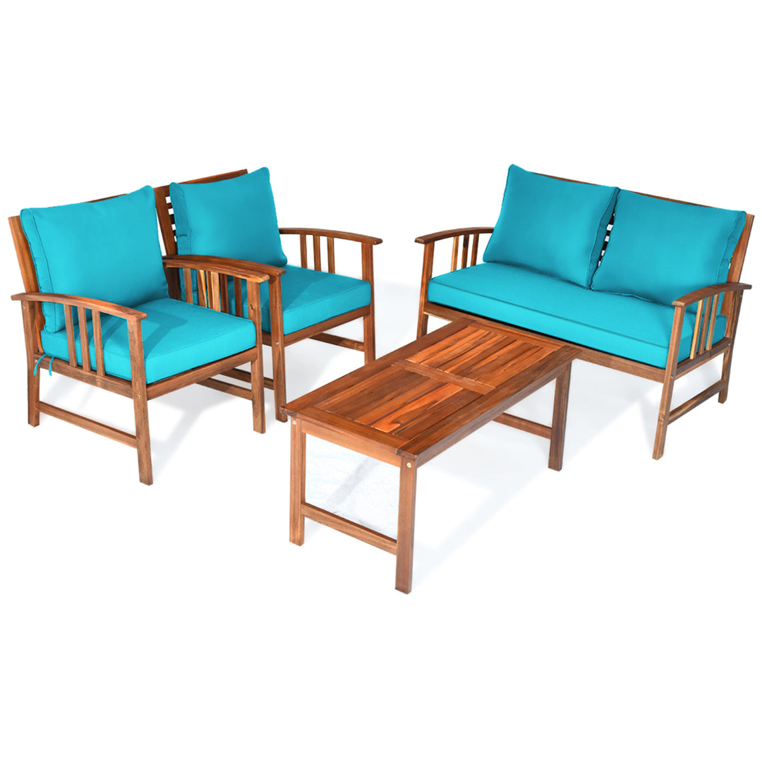 4pcs Wooden Patio Furniture Set Table and Sectional Sofa w/ Turquoise Cushion Image 5