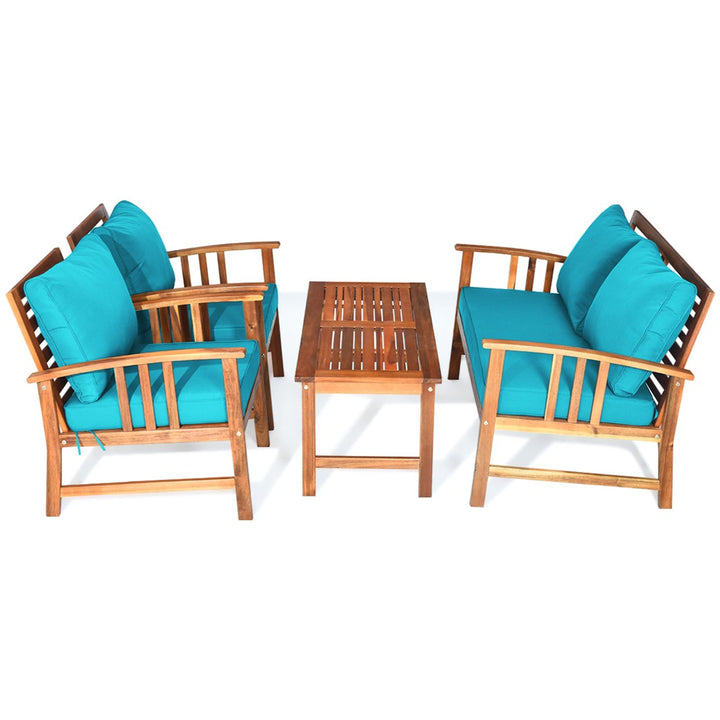 4pcs Wooden Patio Furniture Set Table and Sectional Sofa w/ Turquoise Cushion Image 6