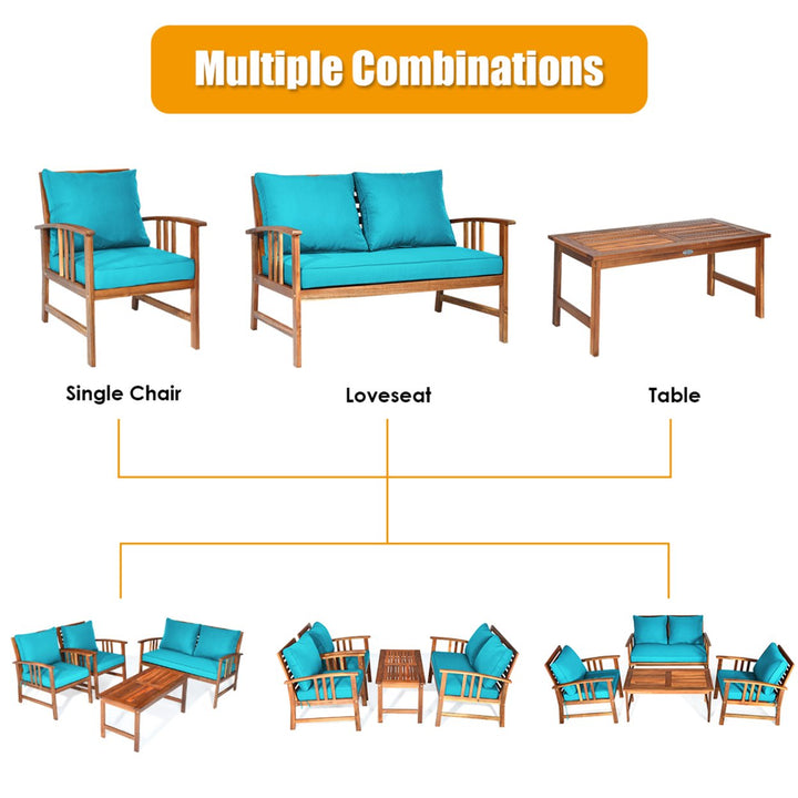 4pcs Wooden Patio Furniture Set Table and Sectional Sofa w/ Turquoise Cushion Image 7