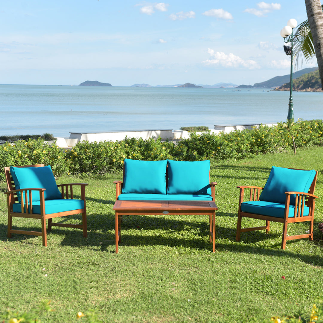 8pcs Wooden Patio Furniture Set Table and Sectional Sofa w/ Turquoise Cushion Image 4