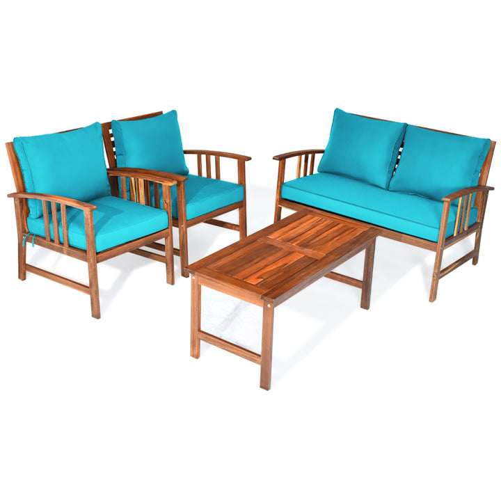 8pcs Wooden Patio Furniture Set Table and Sectional Sofa w/ Turquoise Cushion Image 7