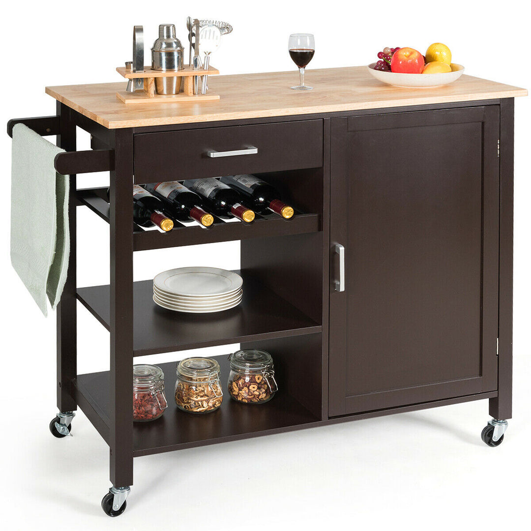 4-Tier Wood Kitchen Island Trolley Cart Storage Cabinet w/ Wine Rack and Drawer Image 1